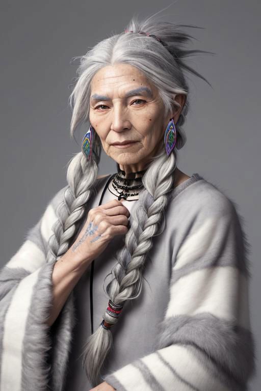 An elder nonbinary shaman with grey fur and long grey braids
