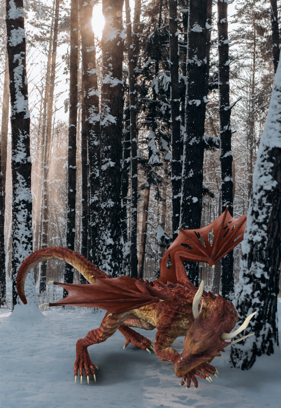 A young copper dragon with a maimed wing sleeps on a tree, against a snowy taigan backdrop