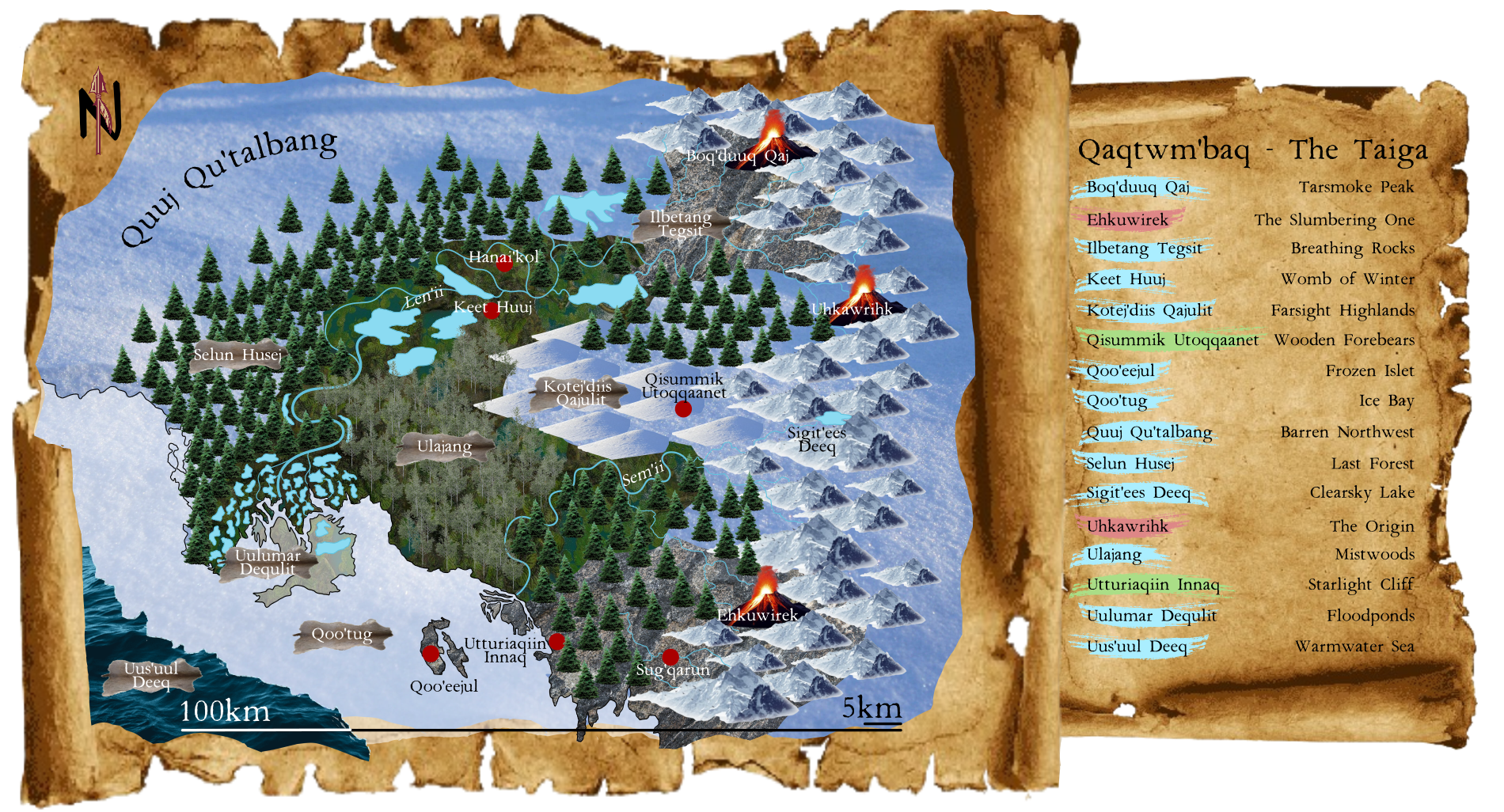 On the left, a large scroll with a map of the Taiga with frosty swamps, forests, mountains, volcanoes and geysers. On the left, a smaller scroll with English names of the toponyms, color-coded with tribes that named them.