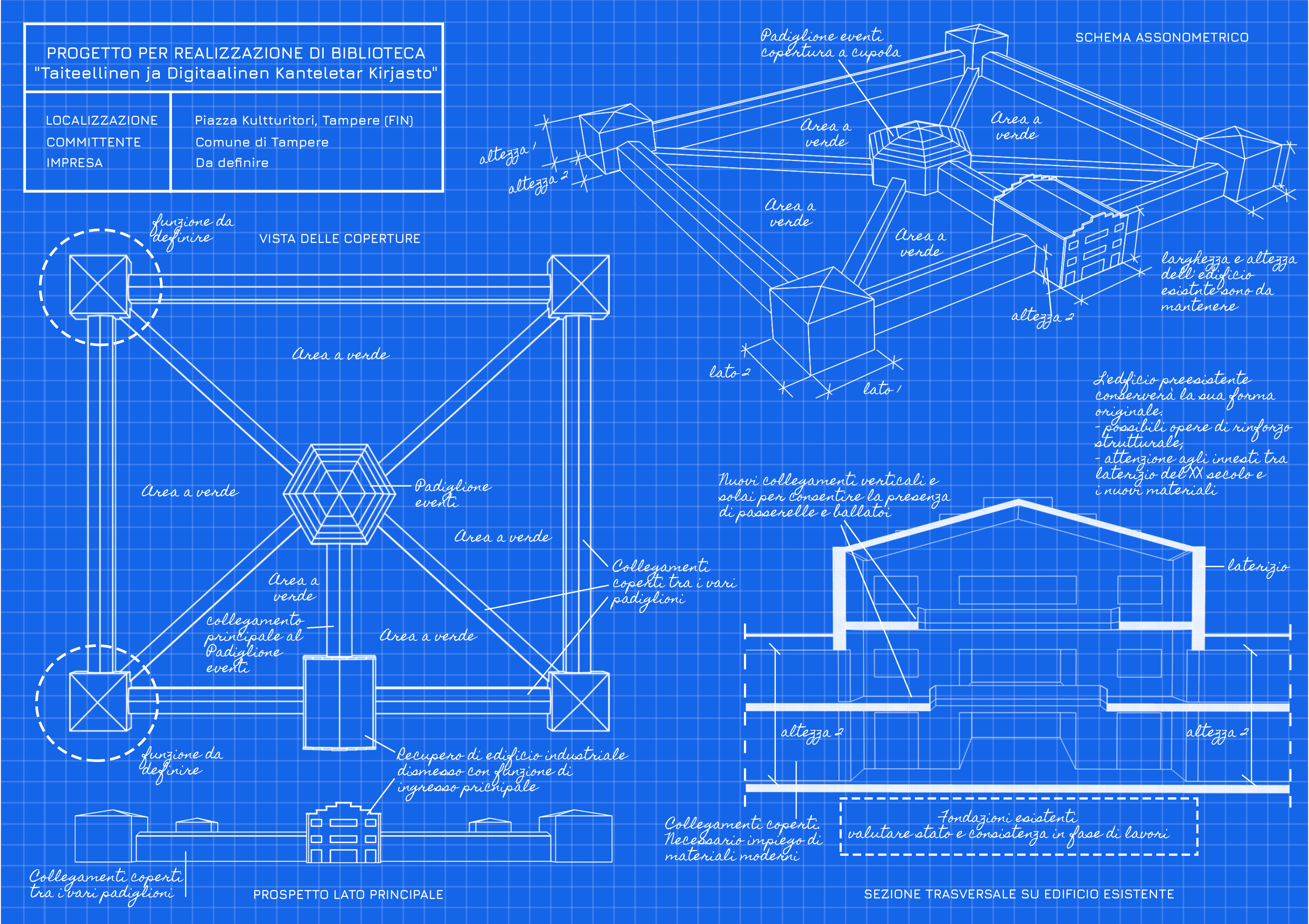 Kanteletar Blueprint. Top right corner: axonometric view; bottom right corner: transverse view; bottom left corner: front view; top right corner: top view.