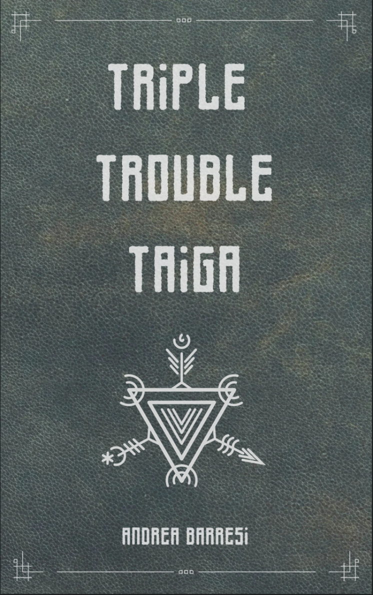 Triple Trouble Taiga Book Cover: a geometric composition of white runes on a grey leather background.