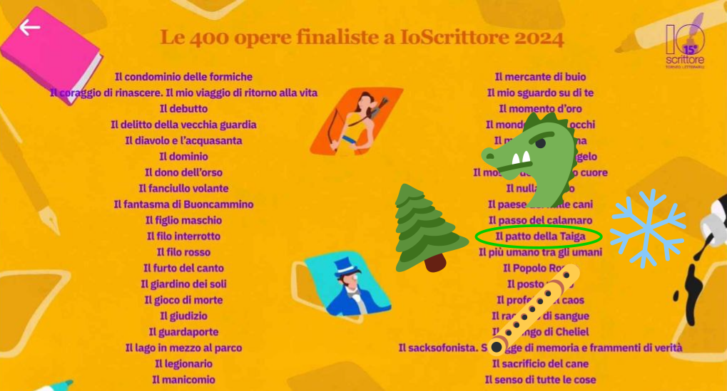 List of titles (in Italian), one is 'Il Patto della Taiga', circled and surrounded by emotes of a dragon, a snowflake, a pine tree and a flute